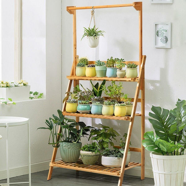 3 Tier Bamboo Hanging Folding Plant Stand Planter Shelf - Bestoutdor