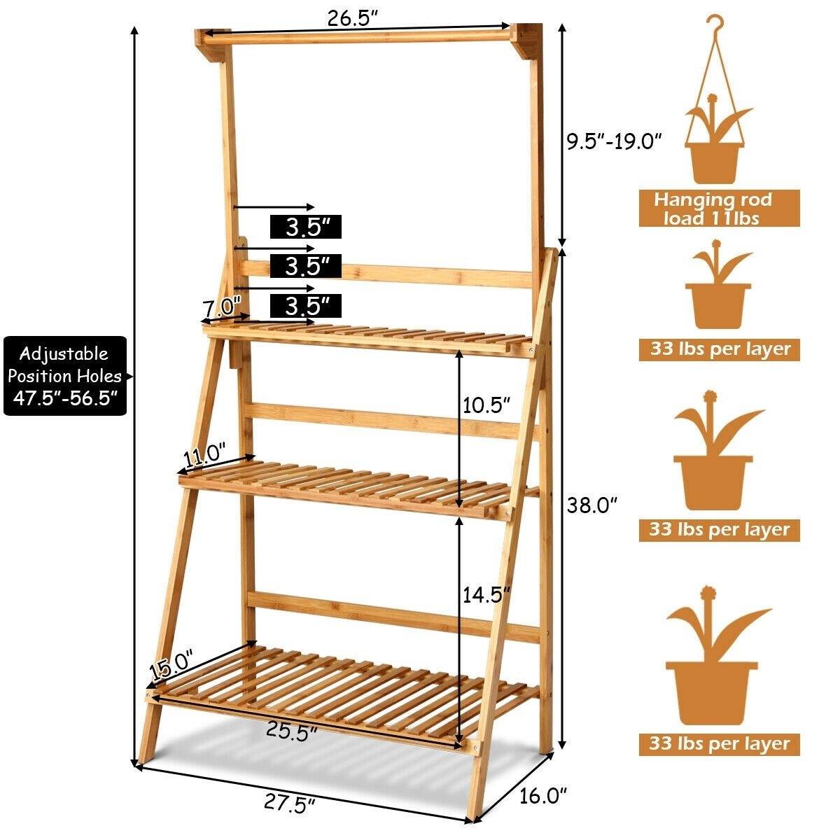 3 Tier Bamboo Hanging Folding Plant Stand Planter Shelf - Bestoutdor