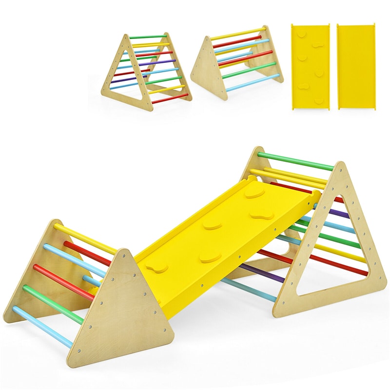 3 in 1 Pikler Triangle Climber Wooden Toddler Climbing Ladder Kids Montessori Play Gym Set Ladder Climber with Sliding Ramp