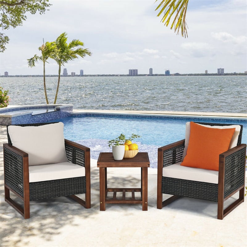 3 Piece Wicker Patio Bistro Set Rattan Conversation Sofa Chair with Acacia Wood Coffee Table & Cushions