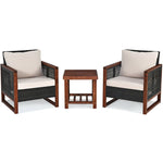 3 Piece Wicker Patio Bistro Set Rattan Conversation Sofa Chair with Acacia Wood Coffee Table & Cushions