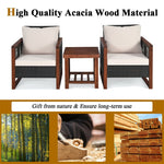 3 Piece Wicker Patio Bistro Set Rattan Conversation Sofa Chair with Acacia Wood Coffee Table & Cushions