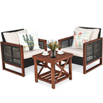 3 Piece Wicker Patio Bistro Set Rattan Conversation Sofa Chair with Acacia Wood Coffee Table & Cushions