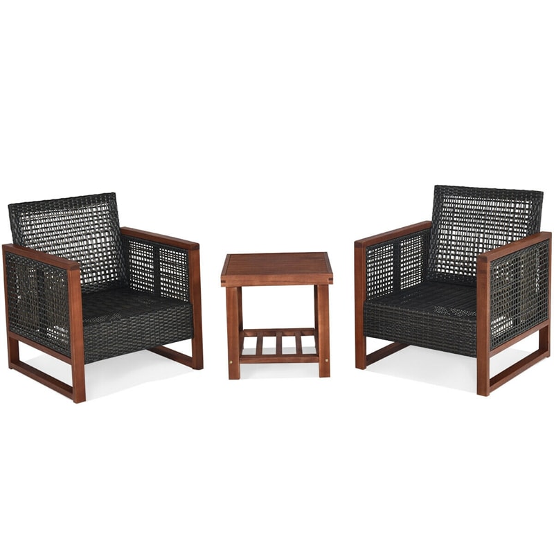 3 Piece Wicker Patio Bistro Set Rattan Conversation Sofa Chair with Acacia Wood Coffee Table & Cushions