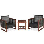 3 Piece Wicker Patio Bistro Set Rattan Conversation Sofa Chair with Acacia Wood Coffee Table & Cushions