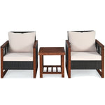 3 Piece Wicker Patio Bistro Set Rattan Conversation Sofa Chair with Acacia Wood Coffee Table & Cushions