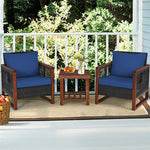 3 Piece Wicker Patio Bistro Set Rattan Conversation Sofa Chair with Acacia Wood Coffee Table & Cushions