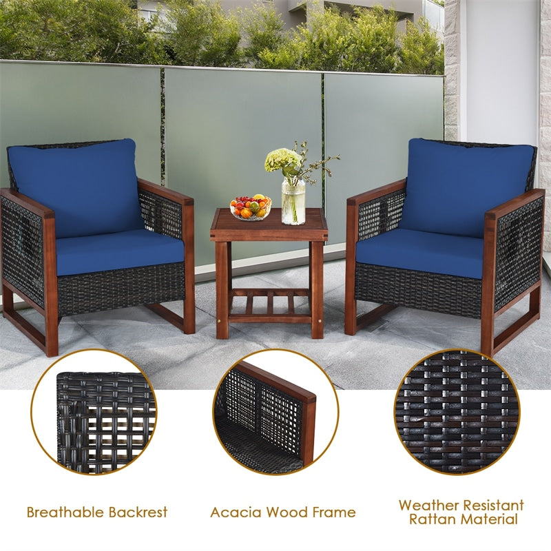 3 Piece Wicker Patio Bistro Set Rattan Conversation Sofa Chair with Acacia Wood Coffee Table & Cushions