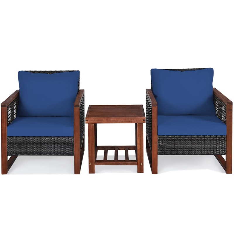 3 Piece Wicker Patio Bistro Set Rattan Conversation Sofa Chair with Acacia Wood Coffee Table & Cushions