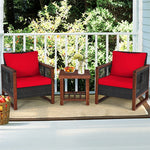 3 Piece Wicker Patio Bistro Set Rattan Conversation Sofa Chair with Acacia Wood Coffee Table & Cushions