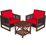 3 Piece Wicker Patio Bistro Set Rattan Conversation Sofa Chair with Acacia Wood Coffee Table & Cushions