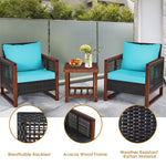 3 Piece Wicker Patio Bistro Set Rattan Conversation Sofa Chair with Acacia Wood Coffee Table & Cushions