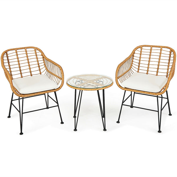 3 Piece Rattan Patio Bistro Set Wicker Conversation Set with Glass Coffee Table & Cushioned Armchairs