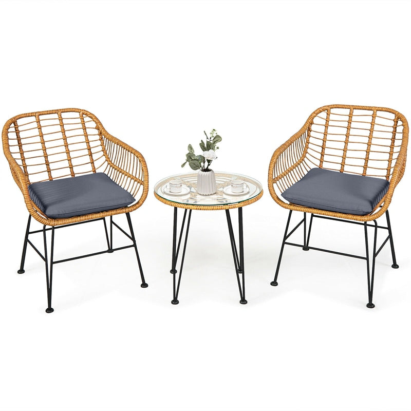 3 Piece Rattan Patio Bistro Set Wicker Conversation Set with Glass Coffee Table & Cushioned Armchairs