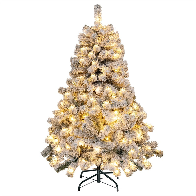 4.5FT Snow Flocked Christmas Tree Pre-Lit Hinged Artificial Tree with 150 LED Lights, 295 PVC Branch Tips & Folding Metal Stand for Holiday Decor