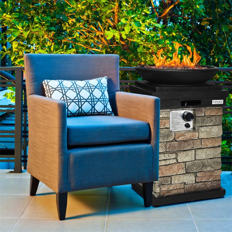 Patio Propane Firebowl Column, 40,000 BTU Outdoor Gas Fire Pit with Lava Rocks, Rain Cover, Faux Stone Fire Pit Table for Courtyard & Porch