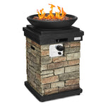 Patio Propane Firebowl Column, 40,000 BTU Outdoor Gas Fire Pit with Lava Rocks, Rain Cover, Faux Stone Fire Pit Table for Courtyard & Porch