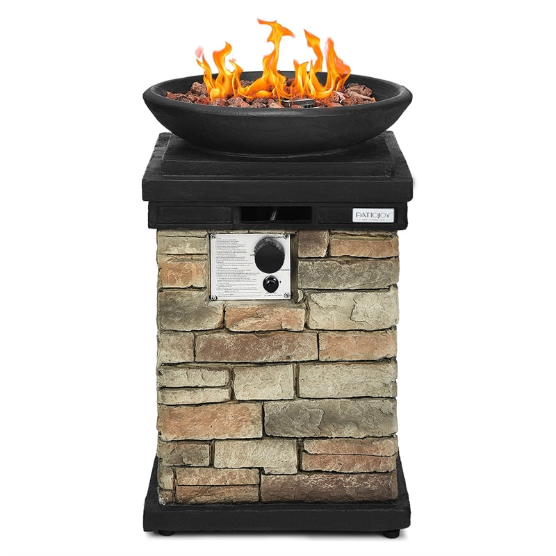 Patio Propane Firebowl Column, 40,000 BTU Outdoor Gas Fire Pit with Lava Rocks, Rain Cover, Faux Stone Fire Pit Table for Courtyard & Porch