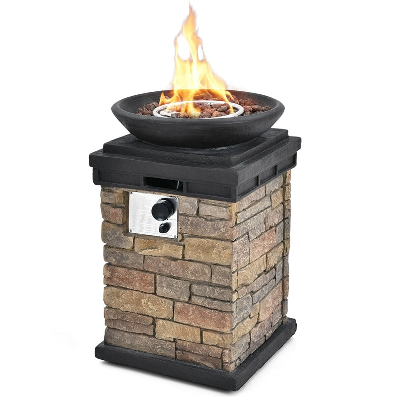 Patio Propane Firebowl Column, 40,000 BTU Outdoor Gas Fire Pit with Lava Rocks, Rain Cover, Faux Stone Fire Pit Table for Courtyard & Porch