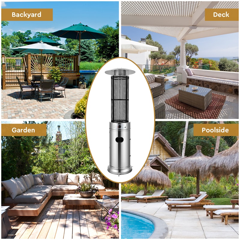 40,000 BTU Propane Patio Heater, Stainless Steel Round Glass Tube Standing Outdoor Heater with Wheels, Propane Gas Heater for Balcony Backyard Garden