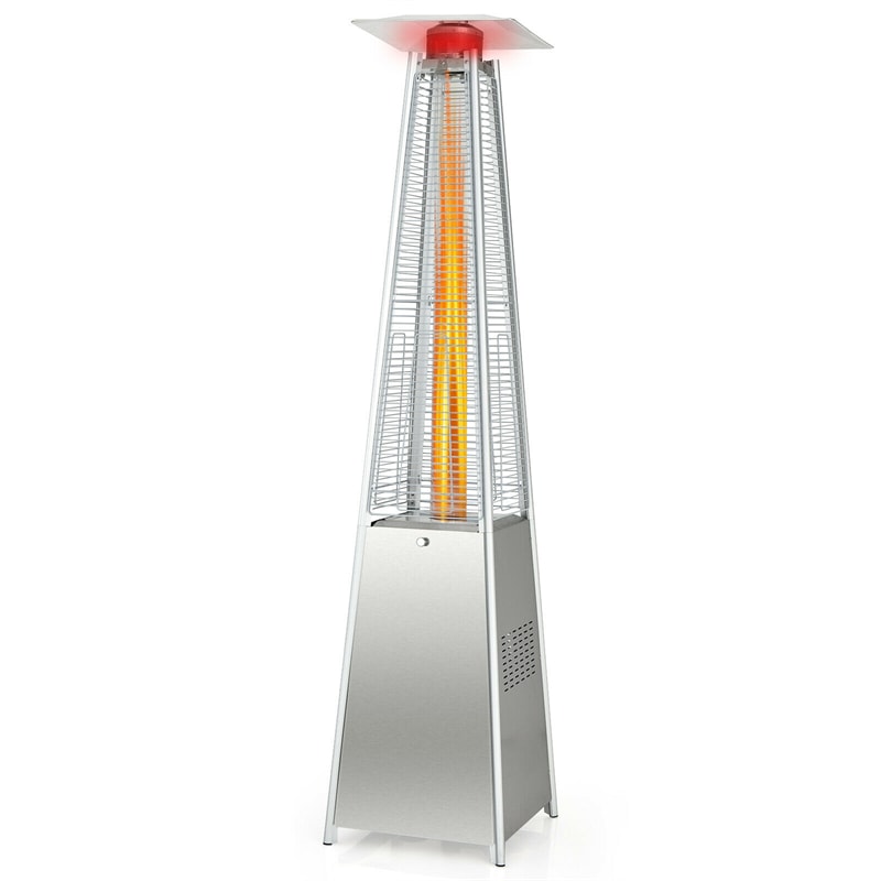 90" Tall Pyramid Patio Heater 42,000 BTU Stainless Steel Propane Outdoor Heater Quartz Glass Tube Flame with Wheels