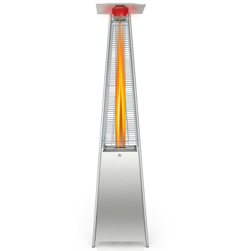 90" Tall Pyramid Patio Heater 42,000 BTU Stainless Steel Propane Outdoor Heater Quartz Glass Tube Flame with Wheels