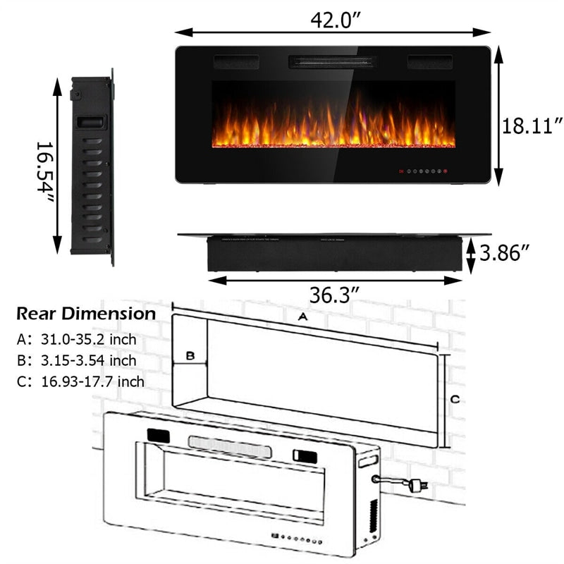 42" Recessed Electric Fireplace, Ultra-Thin In-Wall & Wall-Mounted Heater Insert with Adjustable Flame Color, Remote Control, Touch Screen, 750-1500W