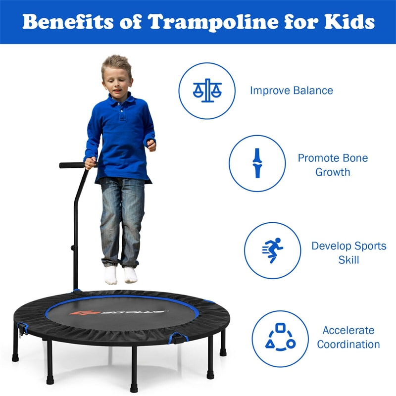 47" Mini Foldable Fitness Trampoline Rebounder Exercise with Adjustable Handrail Padded Cover