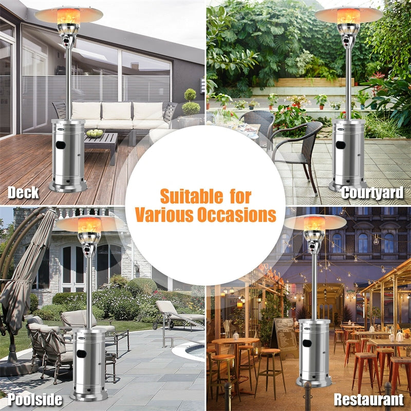 48,000 BTU Propane Patio Heater, Stainless Steel Outdoor Heater with Tip-Over & Flameout Protection, Easy Ignition, Portable Standing Heater On Wheels