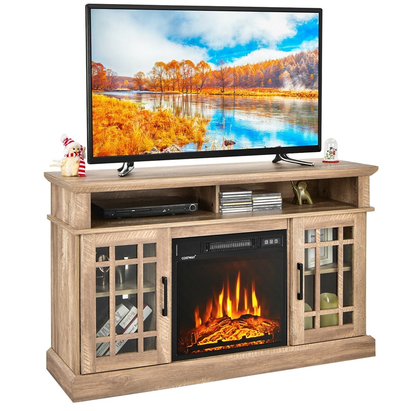 48" Fireplace TV Stand for TVs up to 50", Wood Entertainment Center TV Console with 18" Electric Fireplace, Adjustable Shelves, Remote Control