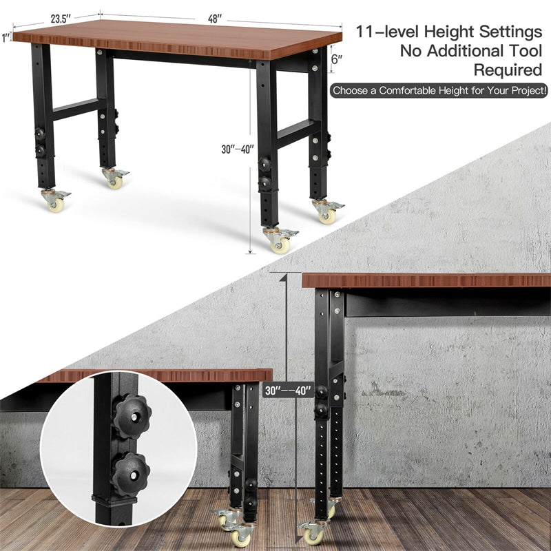 48” Heavy-Duty Mobile Workbench Adjustable Height Work Table with Power Outlet & Removable Wheels for Garage Home Workshop