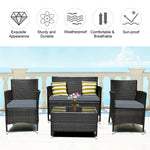 4PCS Patio Rattan Conversation Furniture Set with Cushions & Tempered Glass Coffee Table, Outdoor Rattan Sofa Set for Garden Lawn Poolside