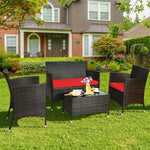 4PCS Patio Rattan Conversation Furniture Set with Cushions & Tempered Glass Coffee Table, Outdoor Rattan Sofa Set for Garden Lawn Poolside