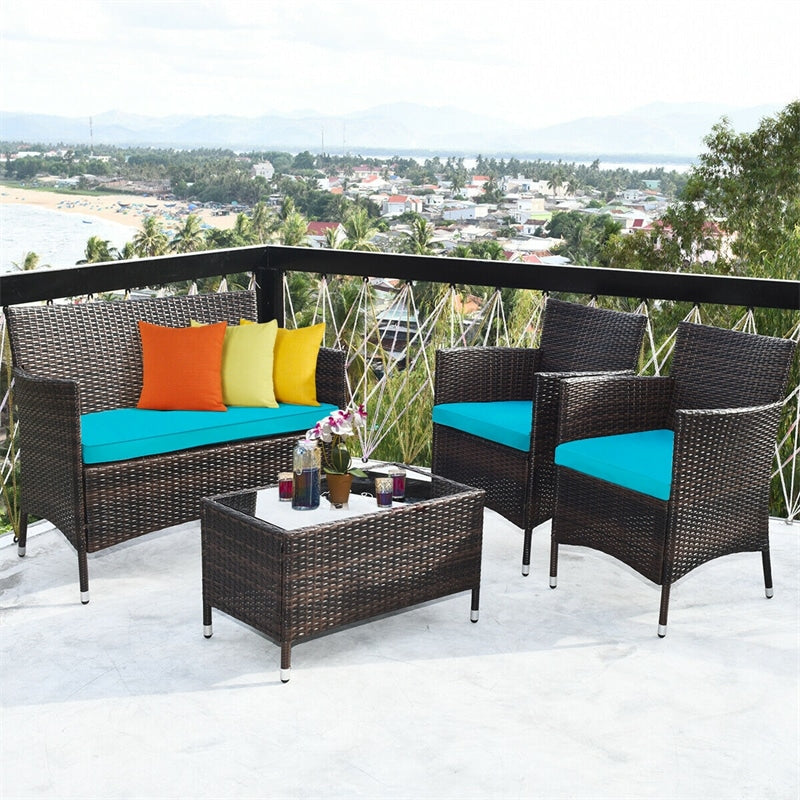 4PCS Patio Rattan Conversation Furniture Set with Cushions & Tempered Glass Coffee Table, Outdoor Rattan Sofa Set for Garden Lawn Poolside