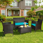 4PCS Patio Rattan Conversation Furniture Set with Cushions & Tempered Glass Coffee Table, Outdoor Rattan Sofa Set for Garden Lawn Poolside