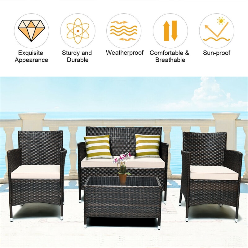 4PCS Patio Rattan Conversation Furniture Set with Cushions & Tempered Glass Coffee Table, Outdoor Rattan Sofa Set for Garden Lawn Poolside