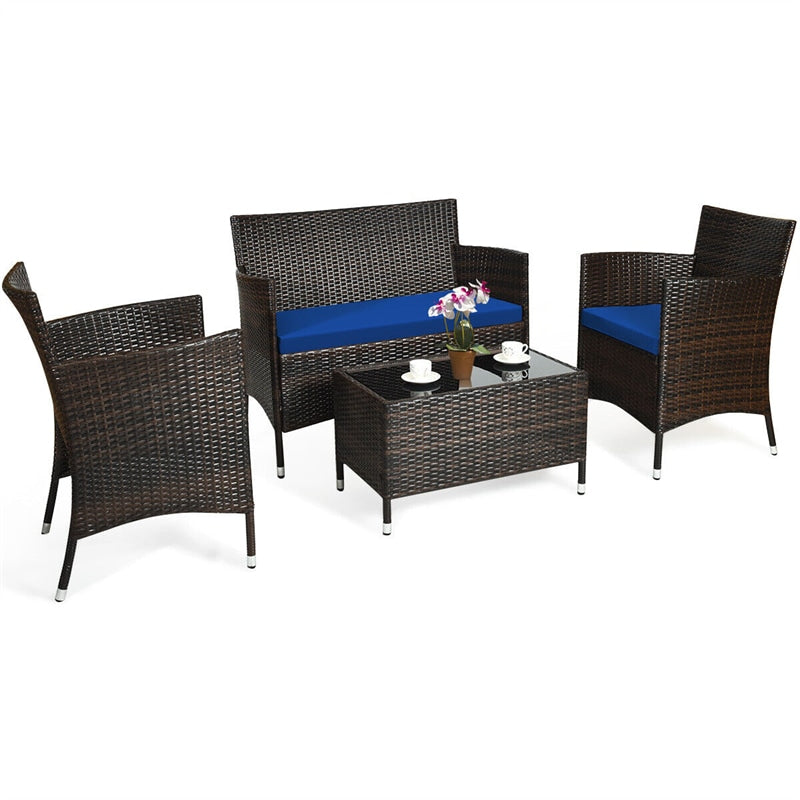 4PCS Patio Rattan Conversation Furniture Set with Cushions & Tempered Glass Coffee Table, Outdoor Rattan Sofa Set for Garden Lawn Poolside