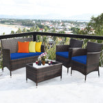 4PCS Patio Rattan Conversation Furniture Set with Cushions & Tempered Glass Coffee Table, Outdoor Rattan Sofa Set for Garden Lawn Poolside