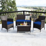 4PCS Patio Rattan Conversation Furniture Set with Cushions & Tempered Glass Coffee Table, Outdoor Rattan Sofa Set for Garden Lawn Poolside