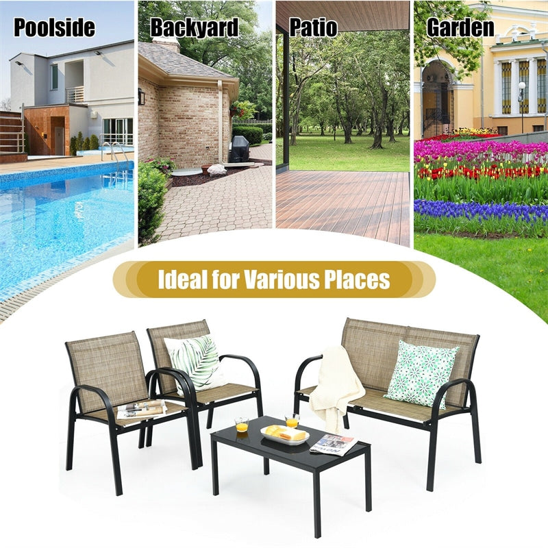 4 Pcs Patio Furniture Set Loveseat Sofa Table Steel Frame Garden Deck Conversation Set with Glass Top Coffee Table