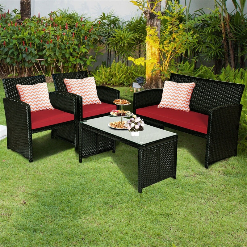 4 Pcs Wicker Patio Conversation Set Outdoor Rattan Sofa Table Set with Cushions