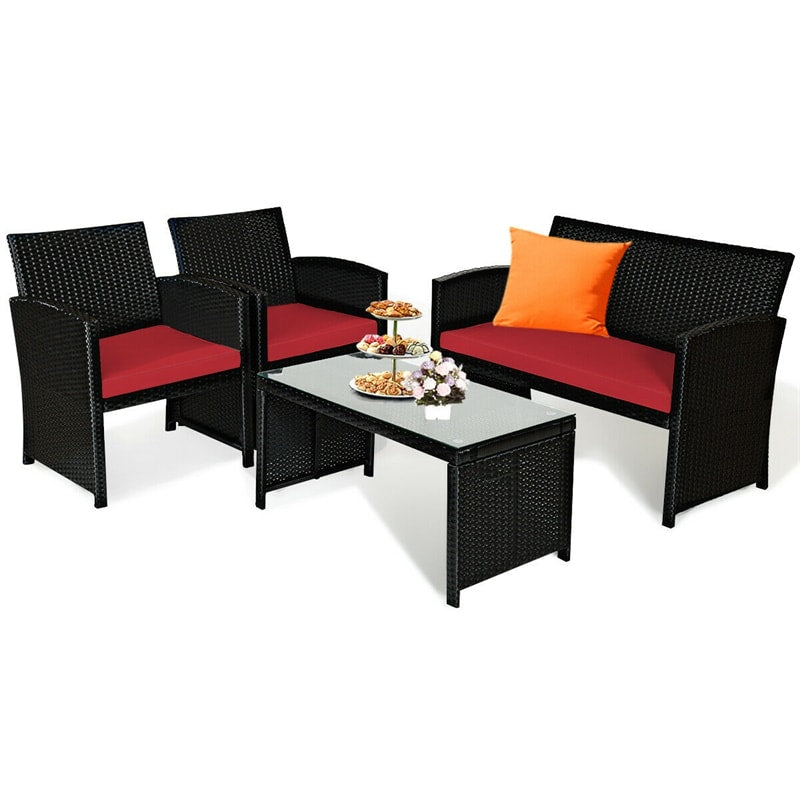 4 Pcs Wicker Patio Conversation Set Outdoor Rattan Sofa Table Set with Cushions