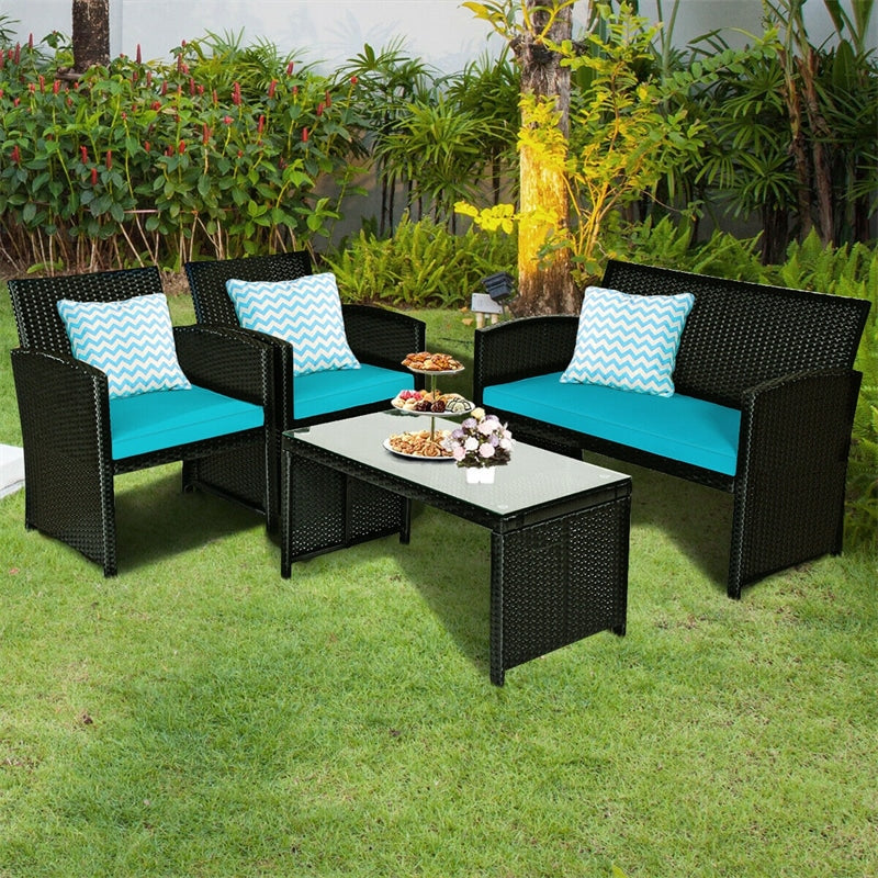 4 Pcs Wicker Patio Conversation Set Outdoor Rattan Sofa Table Set with Cushions