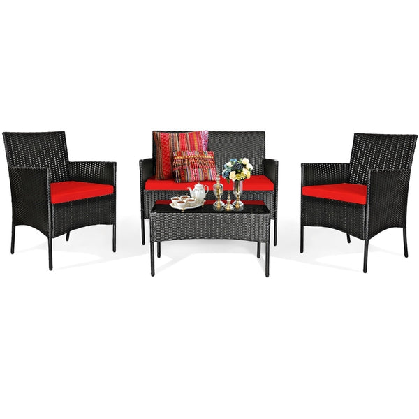 4 Pcs Wicker Patio Conversation Set Rattan Furniture Set with Loveseat & Tempered Glass Coffee Table