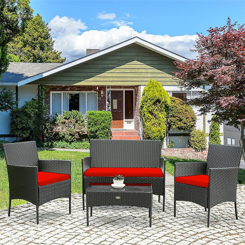 4 Pcs Wicker Patio Conversation Set Rattan Furniture Set with Loveseat & Tempered Glass Coffee Table