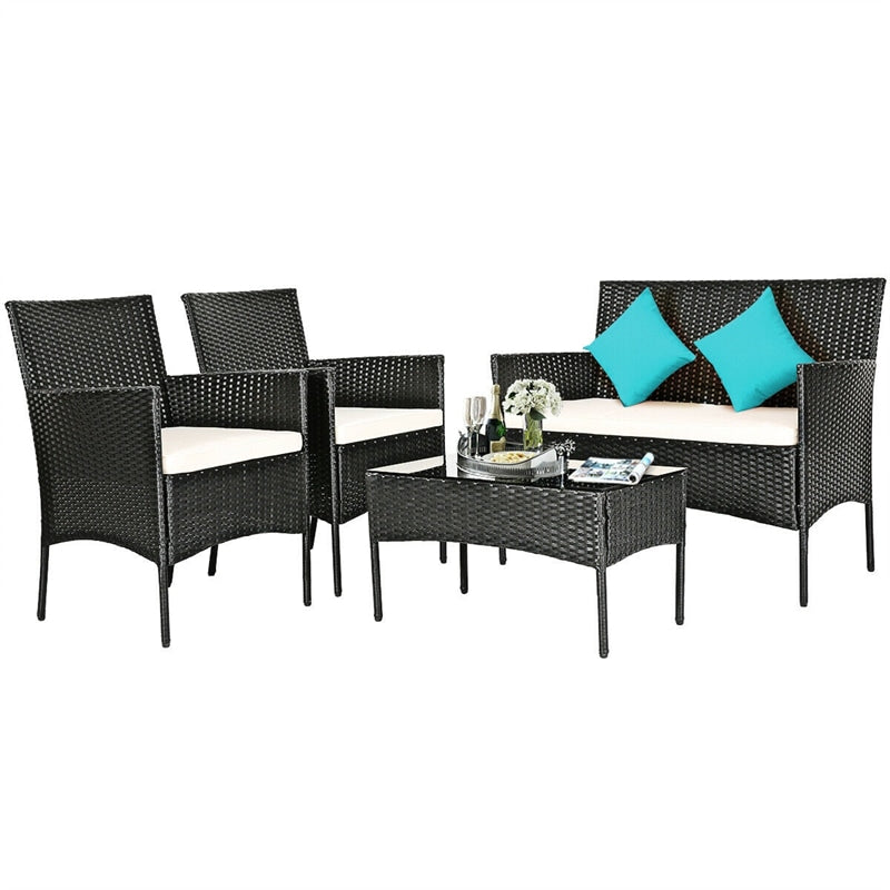 4 Pcs Wicker Patio Conversation Set Rattan Furniture Set with Loveseat & Tempered Glass Coffee Table