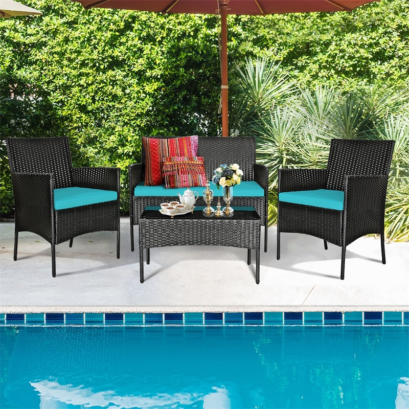 4 Pcs Wicker Patio Conversation Set Rattan Furniture Set with Loveseat & Tempered Glass Coffee Table