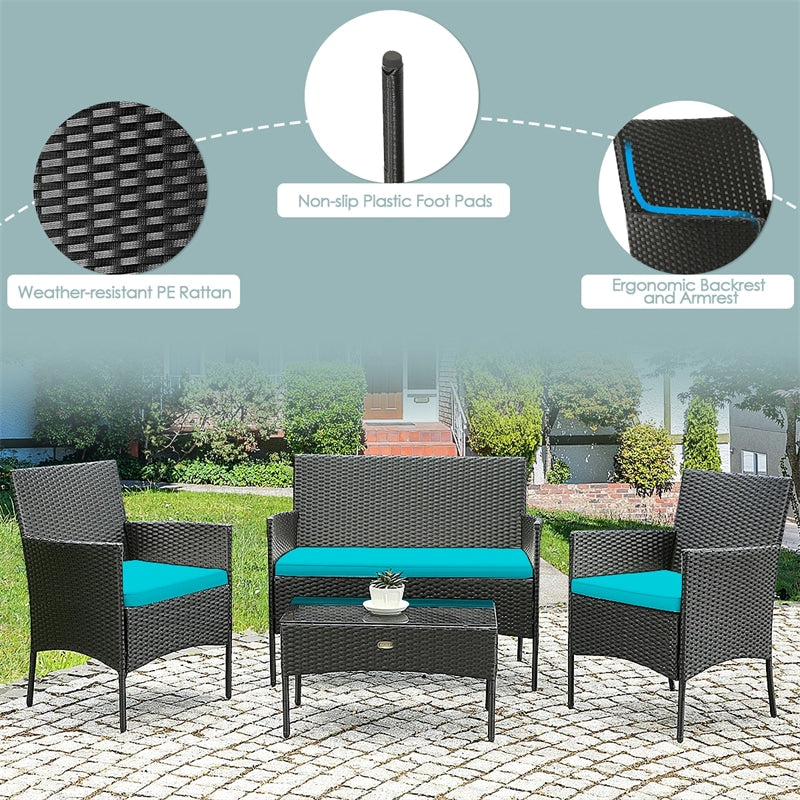 4 Pcs Wicker Patio Conversation Set Rattan Furniture Set with Loveseat & Tempered Glass Coffee Table