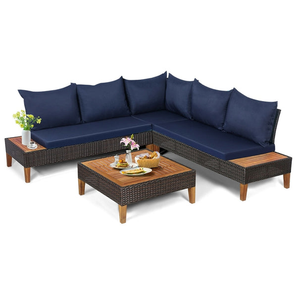 4 Piece Acacia Wood Patio Furniture Set, Outdoor Rattan Sectional Sofa with Cushions, Loveseat, Side Table, Coffee Table for Backyard Garden