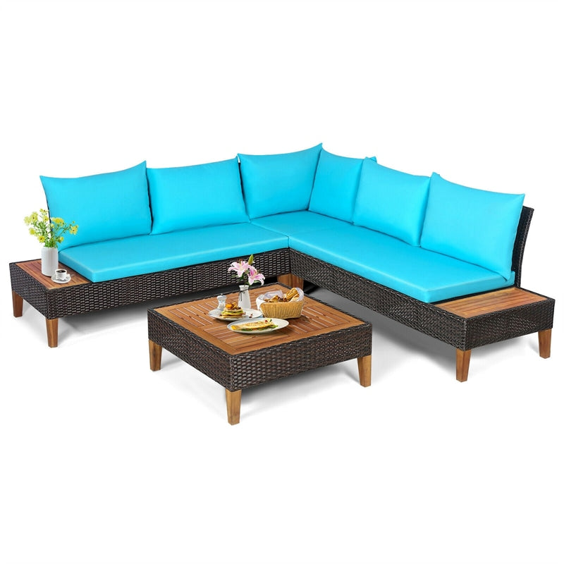 4 Piece Patio Rattan Furniture Set Acacia Wood Outdoor Sectional Sofa Loveseat Conversation Set with Wooden Side Table, Back & Seat Cushions